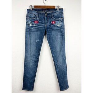 DRIFTWOOD Floral Embroidered Low Rise Skinny Jeans, Distressed, Size 28